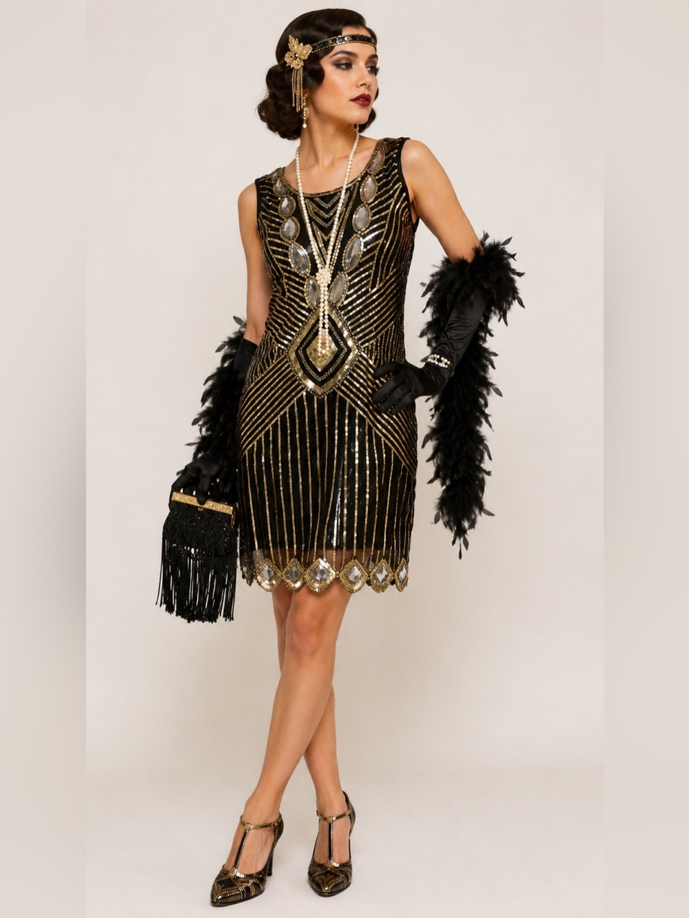 Pretty Guide Art Deco Sequin Beaded Cocktail Dress Gold Black Gatsby Flapper L